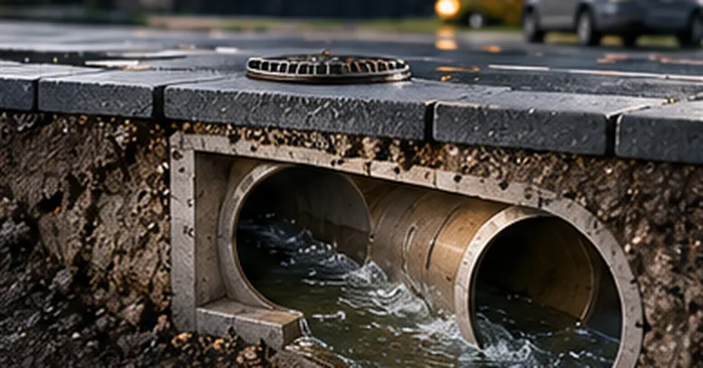 A cutaway under the street: sewage running through a concrete pipe below a manhole.