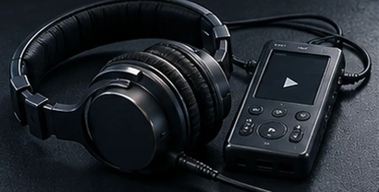 Headphones plugged into a small media player.