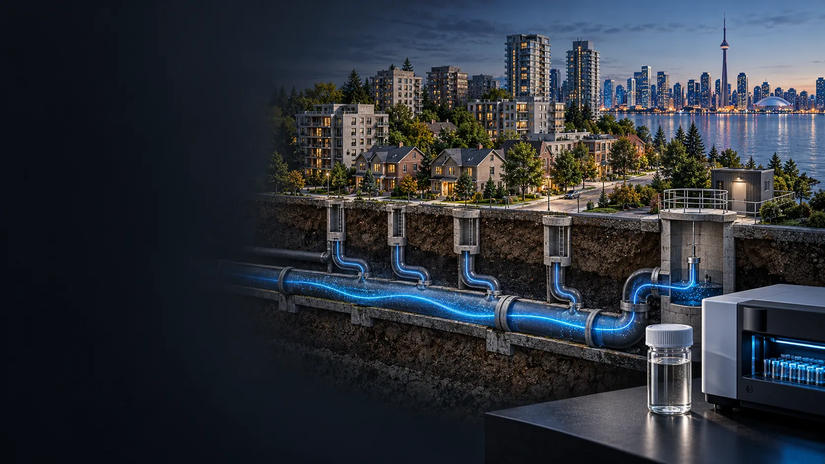 A lakeside city at dusk with the sewer beneath it cut away: lit pipes carry flow from each street to a sampling station, and a sample jar waits beside a lab analyser.