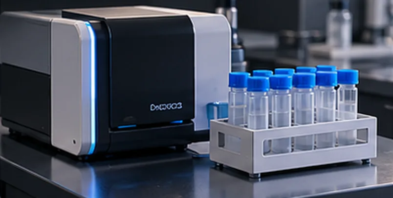 A lab analyser beside a rack of blue-capped sample tubes.