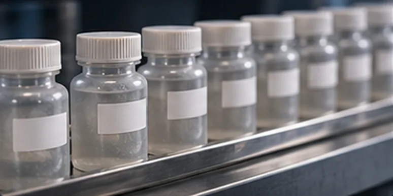 A row of sealed sample bottles on a steel rail.